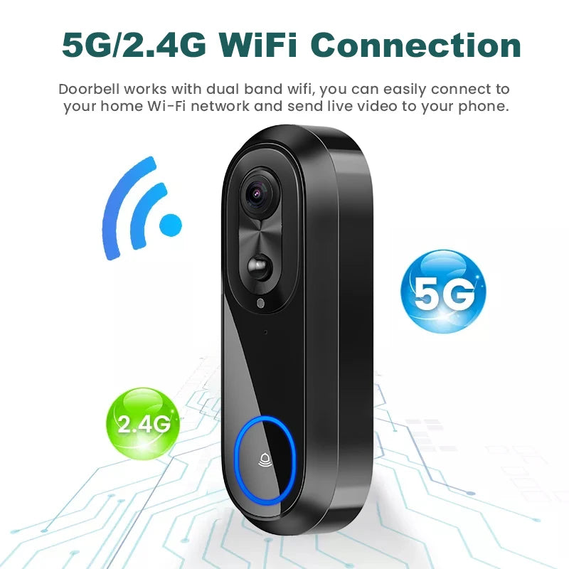 1080P Wireless Video Doorbell Camera with 5G/2.4G WiFi, IP65 Waterproof, Two-Way Audio, Night Vision, 7000mAh Battery 1
