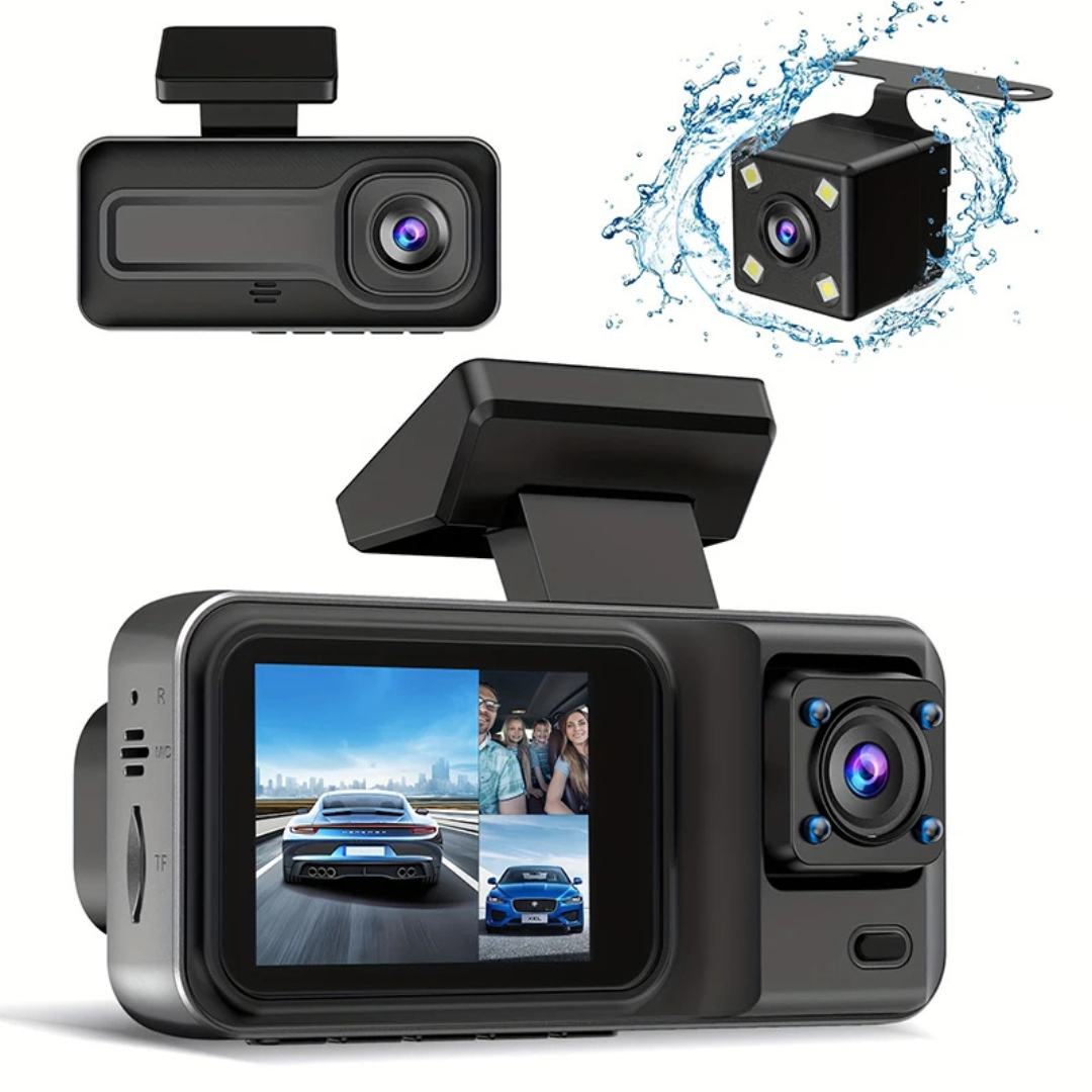 Car dashboard camera with front and rear cameras on a white background