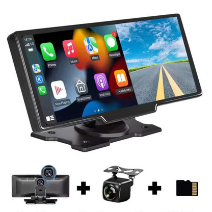 Car monitor with app icons on screen, two cameras, and a memory card displayed below.