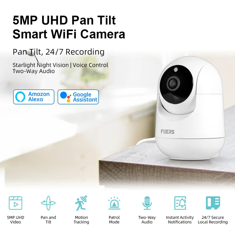 5MP HD Indoor Security Camera with Motion Detection and Night Vision – Smart Home Compatible, Pan/Tilt Functionality, Two-Way Audio 0
