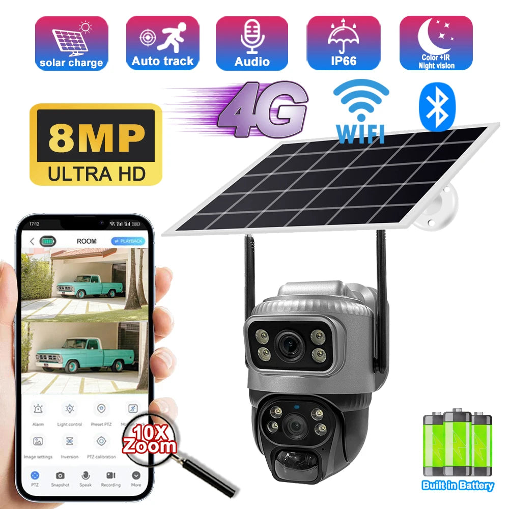8MP 4K Solar-Powered Wireless Security Camera with Dual Lens, Night Vision, and 4G Connectivity for Home Security 0