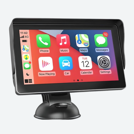 Car dashboard display with app icons on a white background