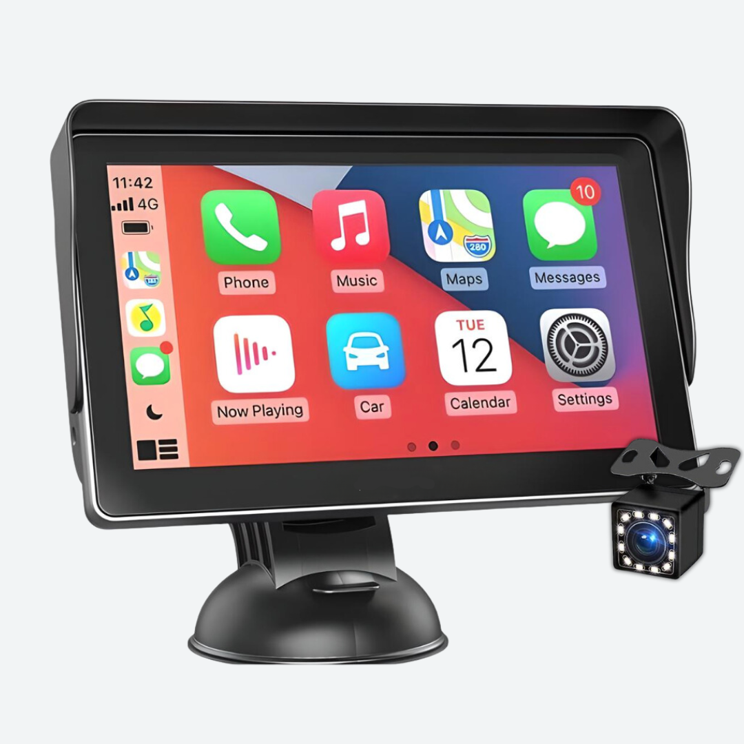 Car infotainment system with touchscreen display and camera on a white background