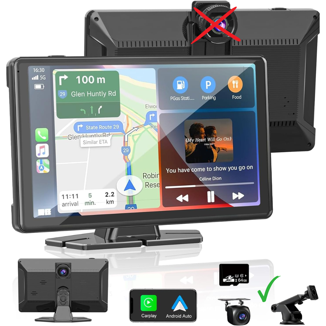 Multifunctional device with screen displaying navigation and music controls, surrounded by additional components.
