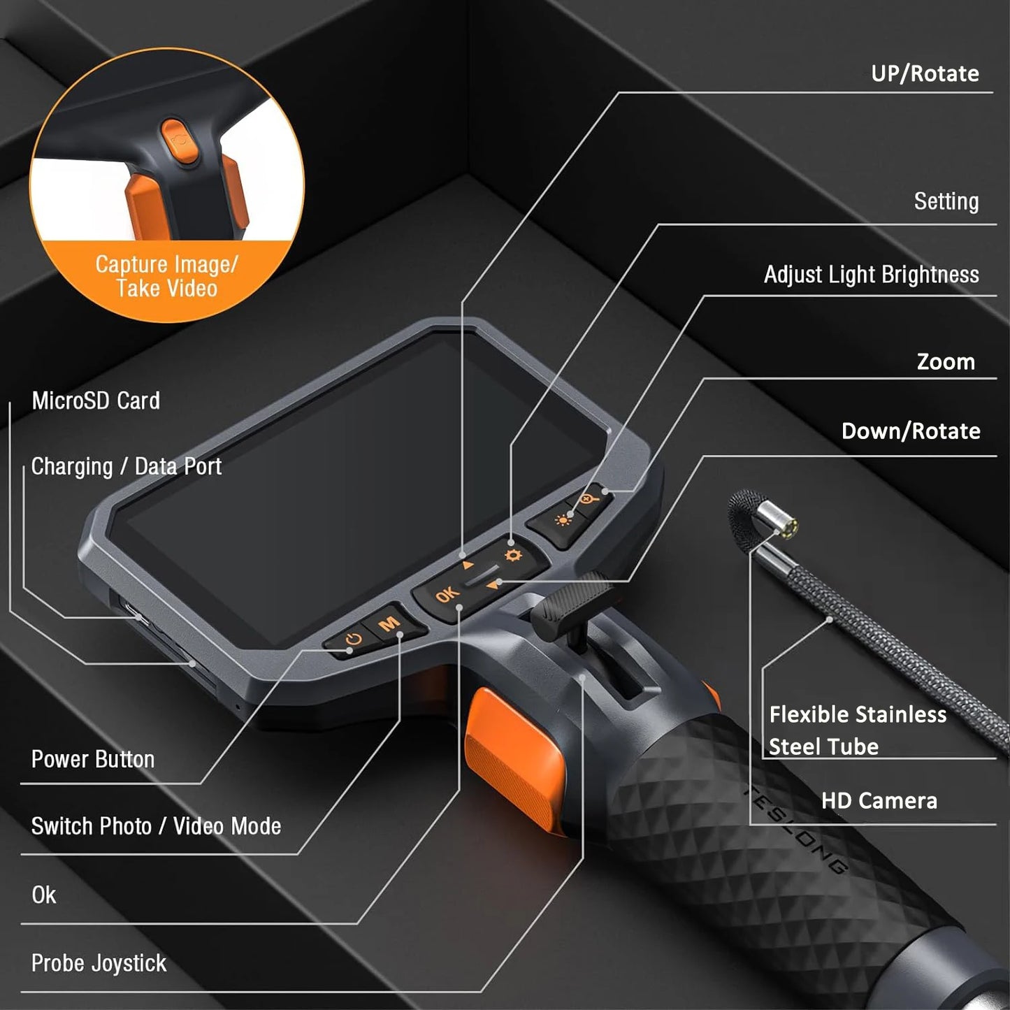 TESLONG TD450S 5.5MM Articulating Borescope - 1080P 4.5 Inch IPS Screen with 360° Steering Endoscope Camera 3