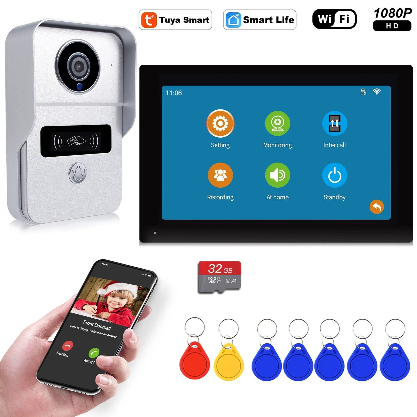 Wireless 1080P Video Doorbell Camera with 7-Inch Touch Screen and 32GB SD Card – Smart Home Intercom System 0